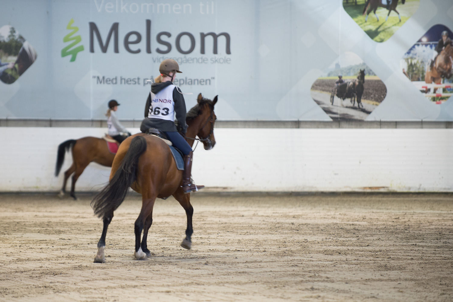 Rytter på hest i ridehall