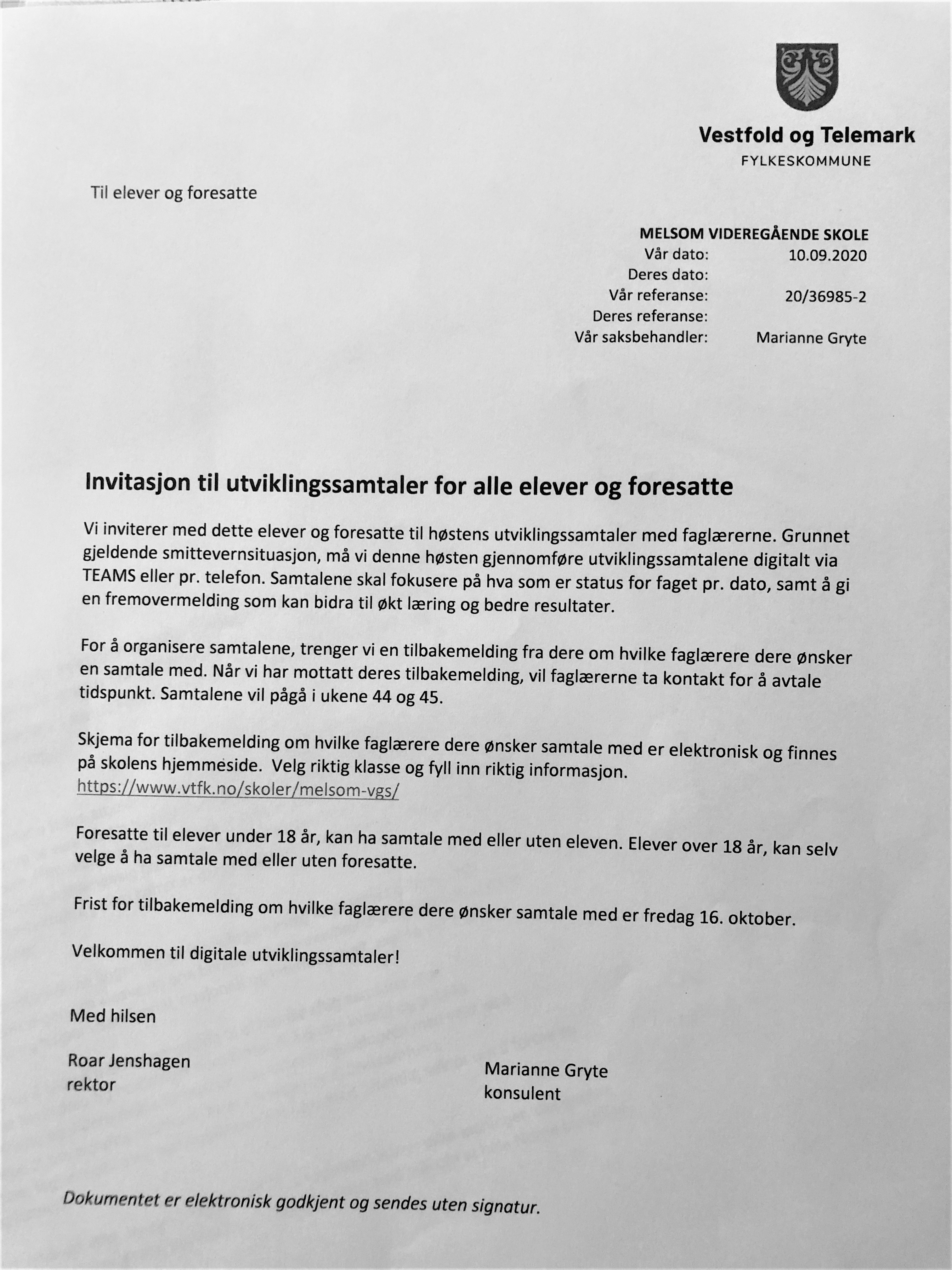Bilde av brevet som er sendt til foresatte med info om møtet