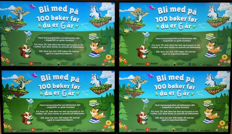 4 skjermer med informasjon om kampanjen