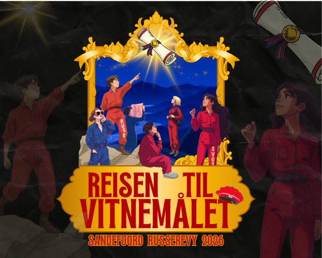 Russ i blå og røde russedresser peker opp på et vitnemål.