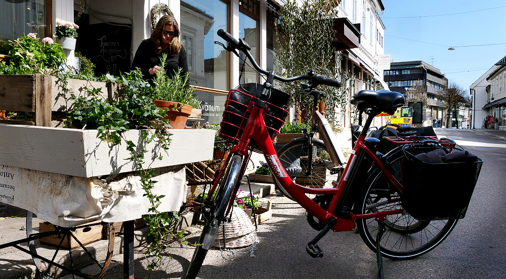 Sykkel parkert ved plantebutikk