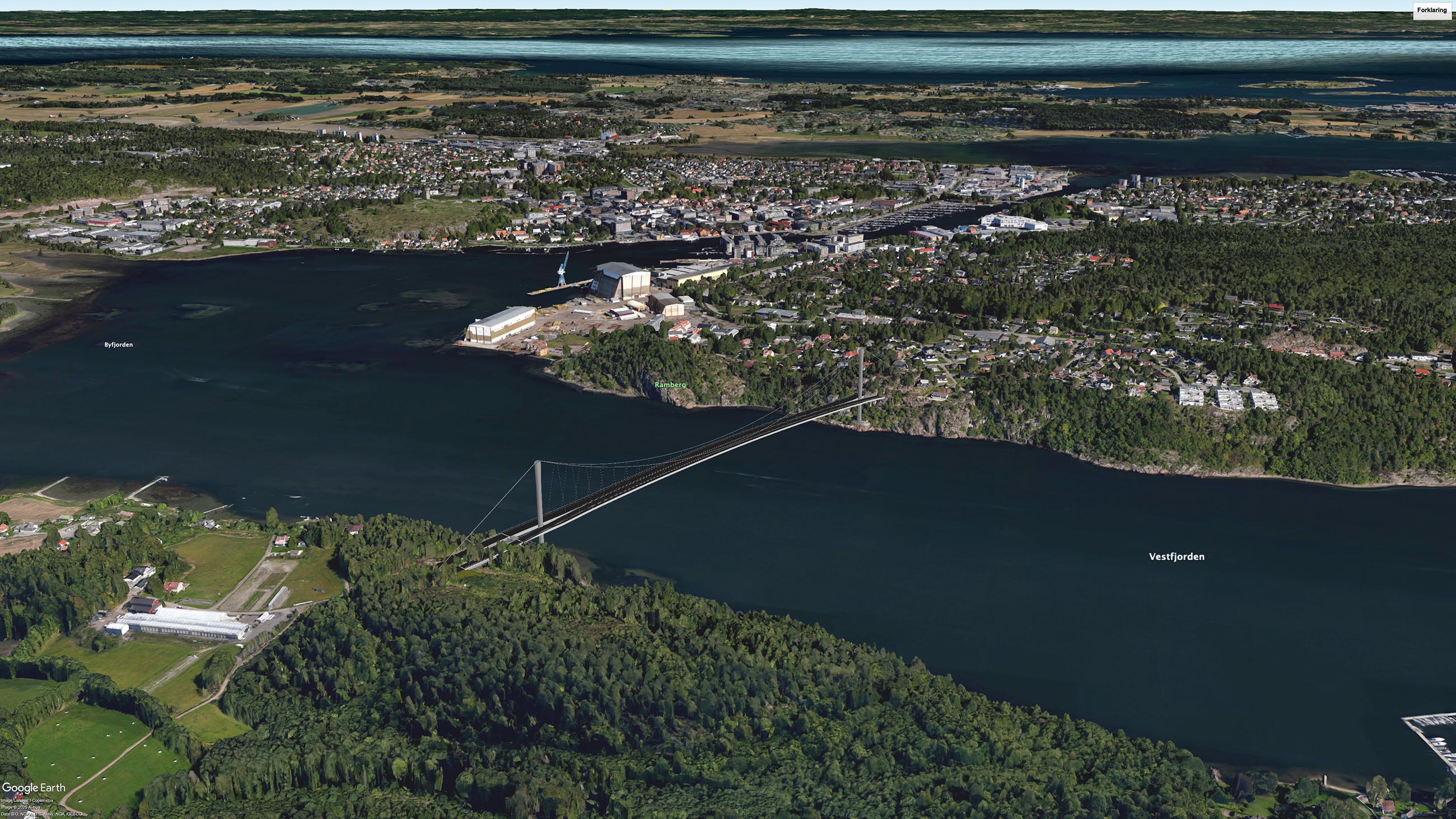 3d-bilde av en skissert ny fastlandsforbindelse fra Ramberg til Smørberg.