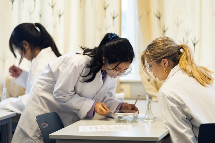 Tre jenter med hestehale, hvite frakker og vernebriller jobber med en oppgave i kjemi.