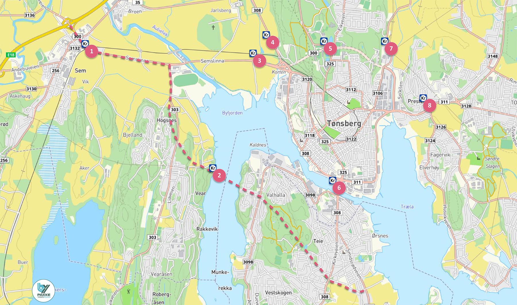 Kart med bomstasjonene i Bypakke Tønsberg-regionen