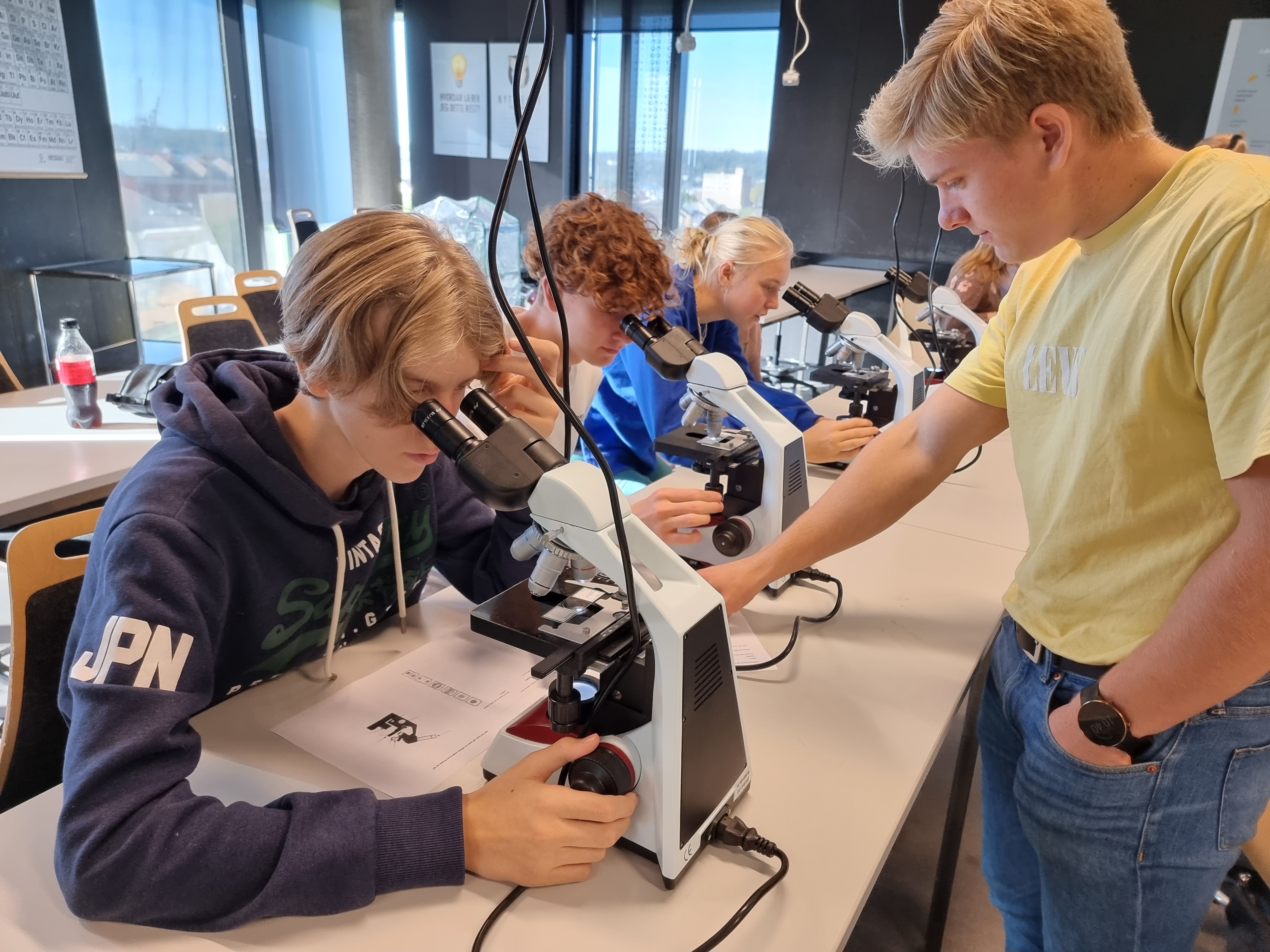 Herman Nissen-Sollie i 3STD hjalp til med mikroskopet da elever i 10. klasse testet ut biologi.