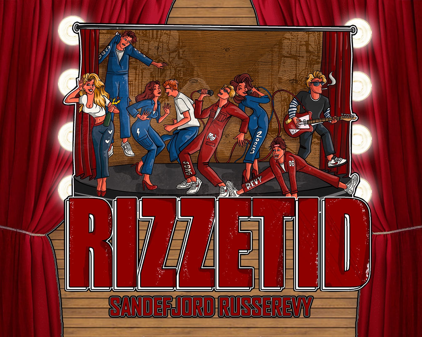 En gjeng med russ danser og synger på en scene.