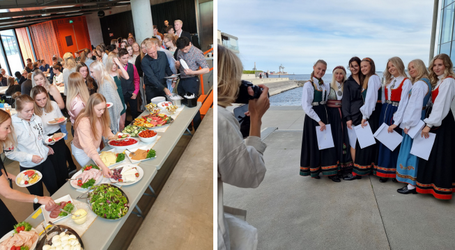 Elever som forsyner seg av frokost på skolen og bunadskledde jenter utenfor Bølgen.