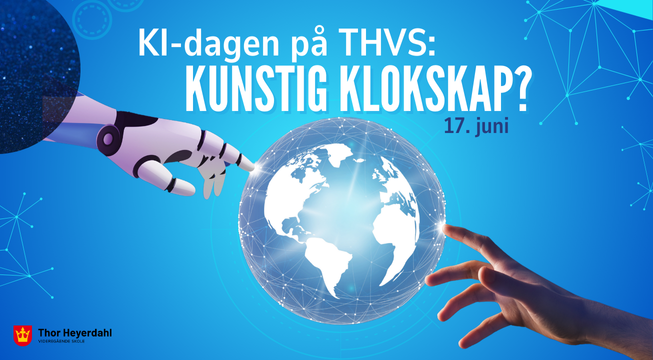 Illustrasjon av en kunstig hånd som møter en ekte hånd, i mellom dem en jordklode.