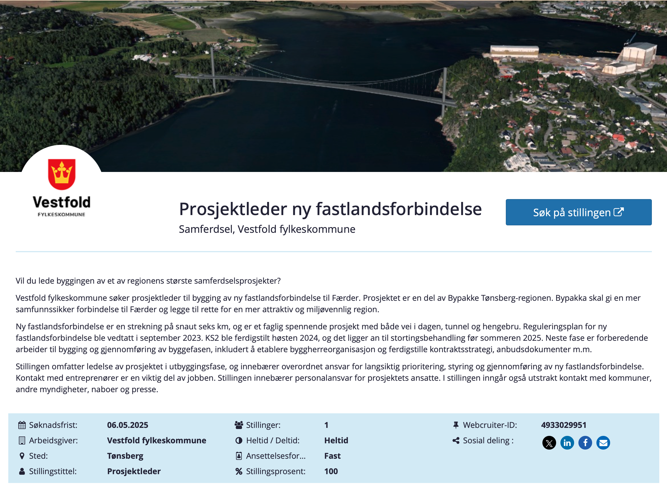 Skjermbilde av stillingsutlysningen for prosjektleder på ny fastlandsforbindelse fra Nøtterøy til Tønsberg