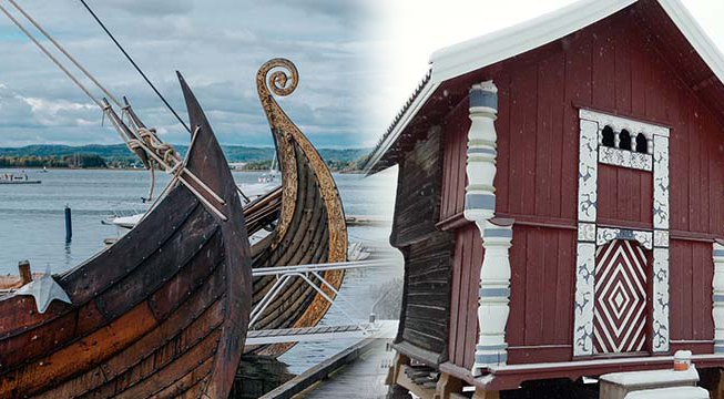 Bilde av vikingskip og stabbur
