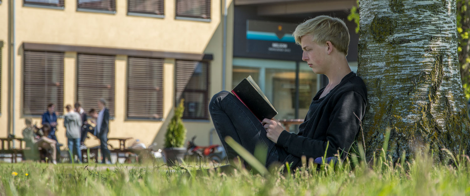 Elev sitter i gresset inntil en trestamme foran skolen og leser i en bok