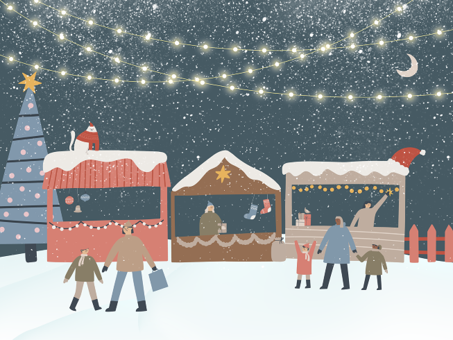 Små boder, lys og julestemning.