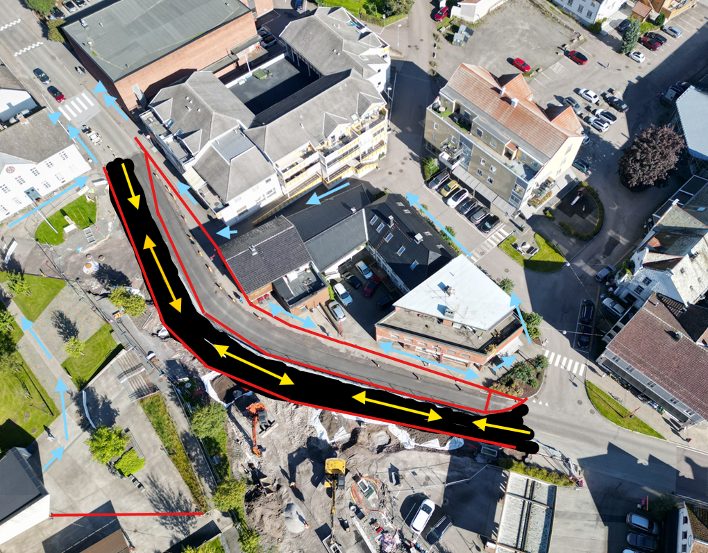 Dronebilde over anleggsområdet med piler som viser hvor gående og syklende kan bevege seg.