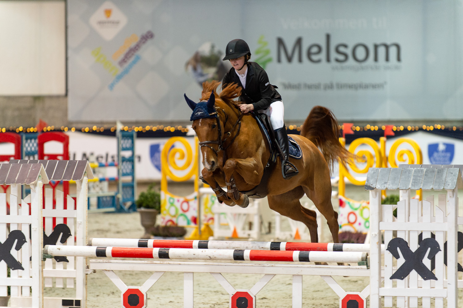 Rytter til hest hopper over hinder