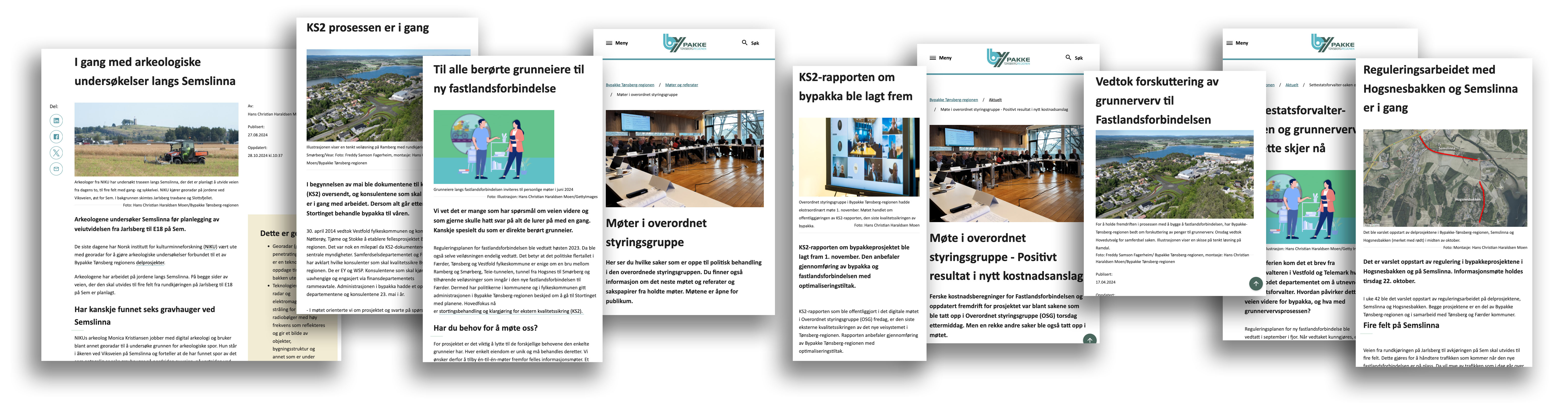 Kollasje med faksimiler fra www.bypakketonsbergregionen.no gjennom 2024