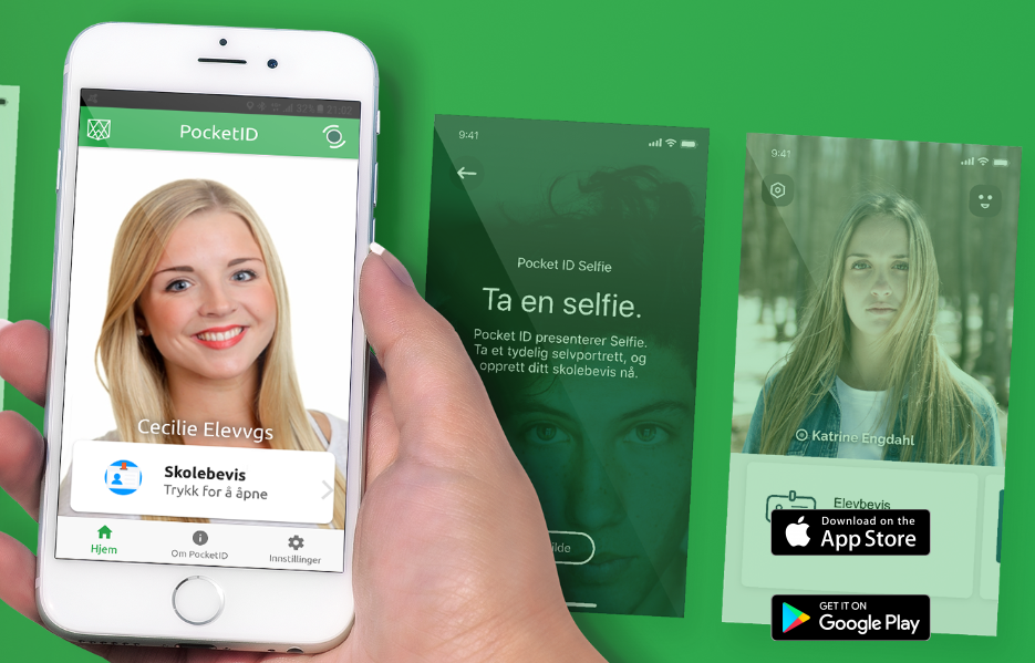 En person holder og ser på mobilen sin der man ser sitt eget profilbilde i appen PocketID