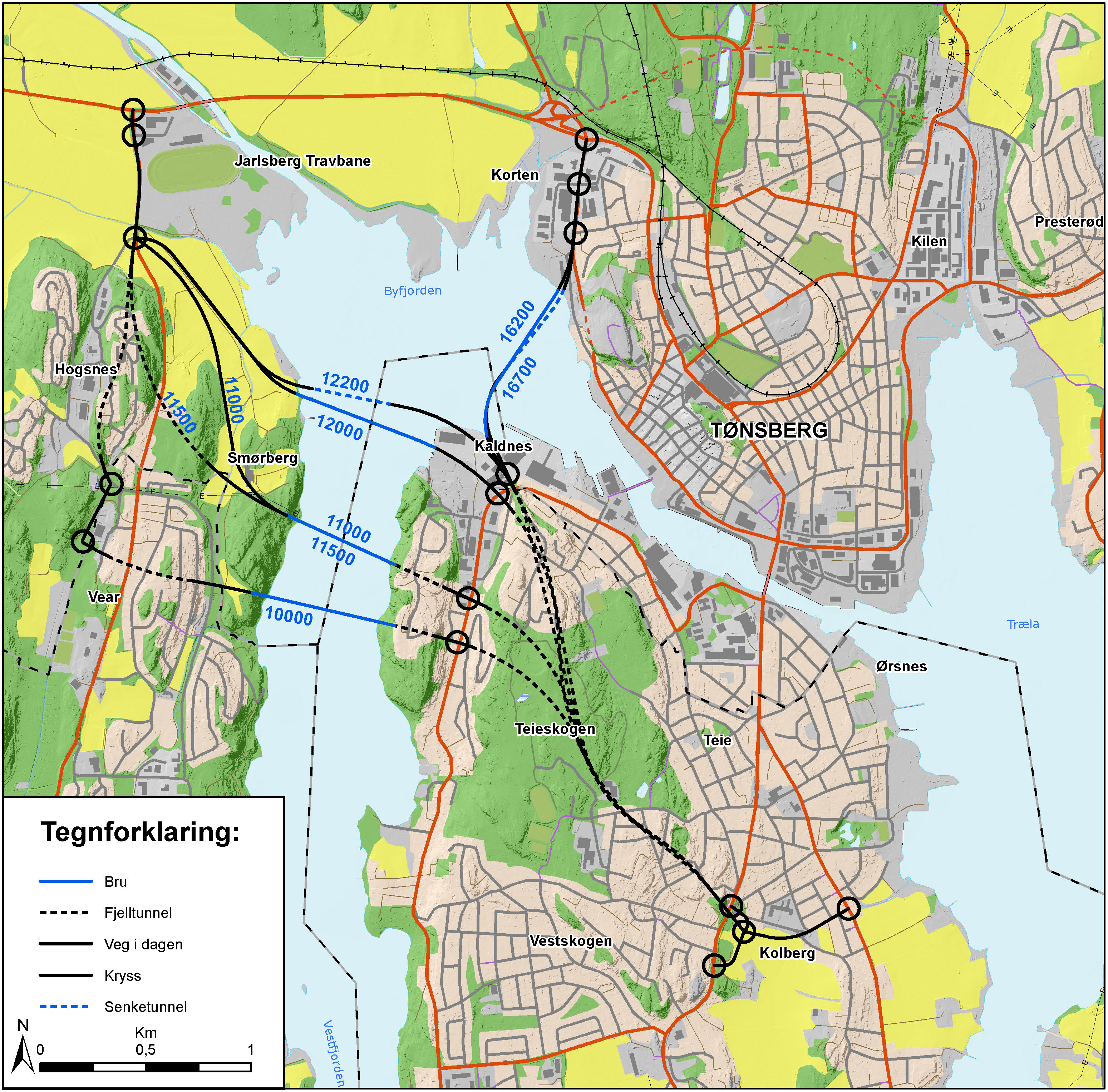Kart med alle de mulige linjene for fastlandsforbindelsen