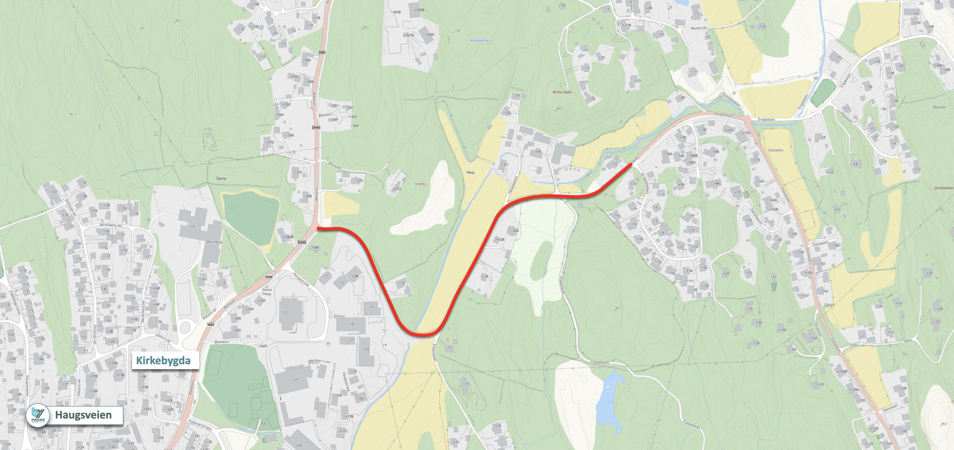 Kart med prosjektet tegnet inn med rød strek