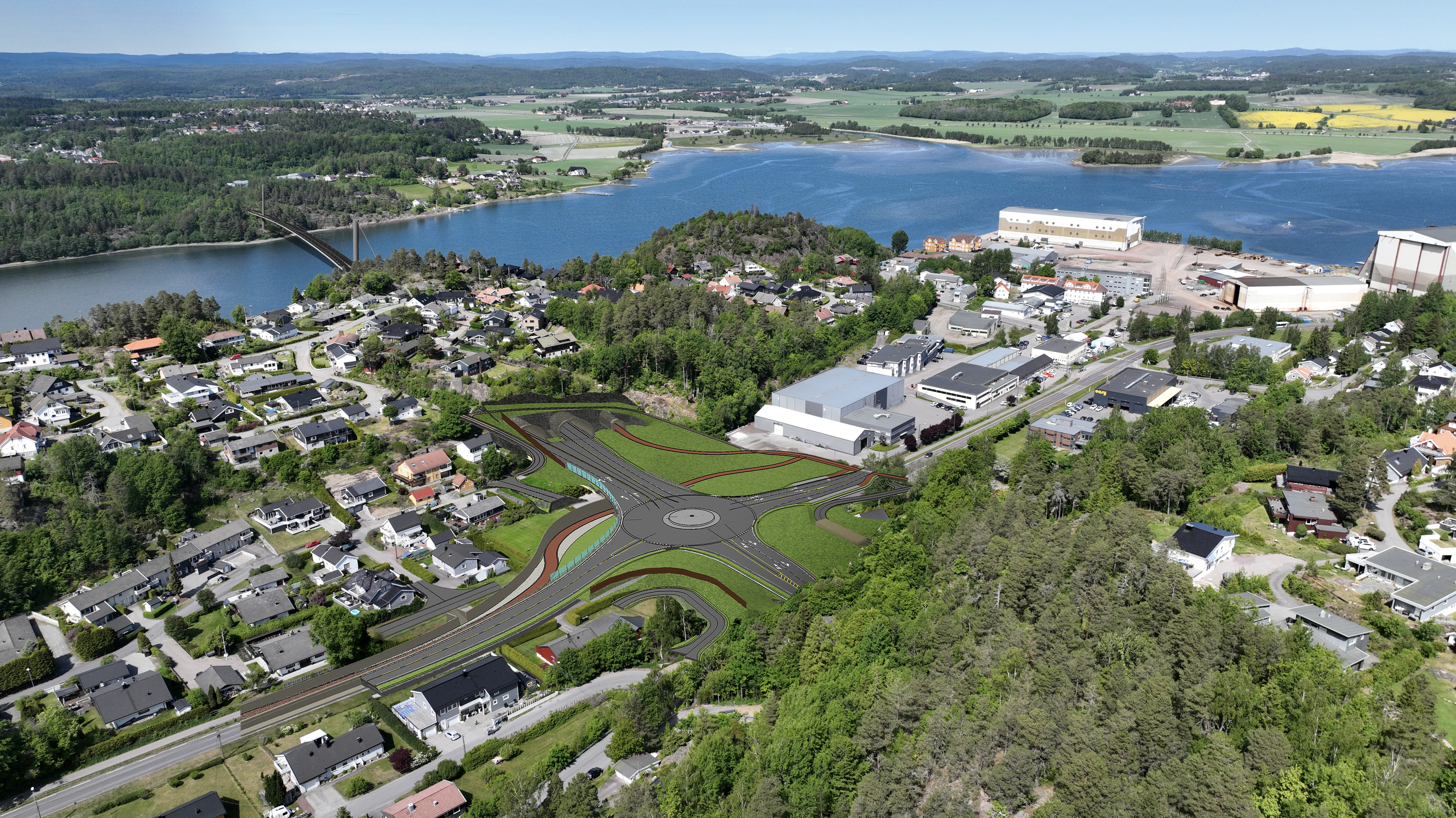 Bildet viser en illustrasjon av rundkjøringen som er planlagt på Ramberg og lagt oppå et dronebilde fra området. I bakgrunnen vises Vestfjorden og den planlagte brua, den nye fastlandsforbindelsen.