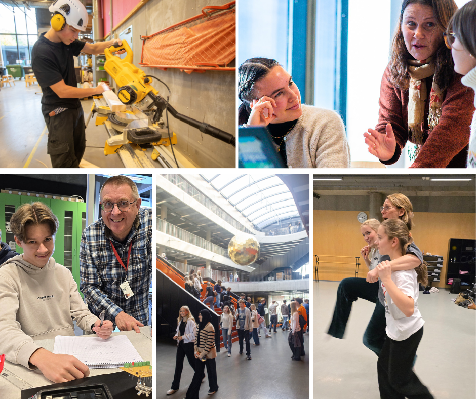 Ulike bilder satt sammen, fra undervisning og skolebygget.