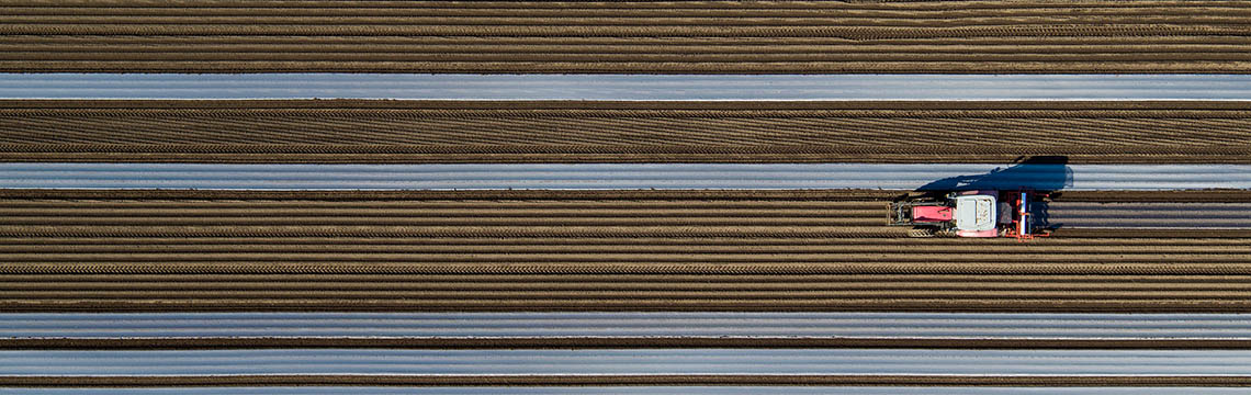 En traktor i en grønn åker i fugleperspektiv.