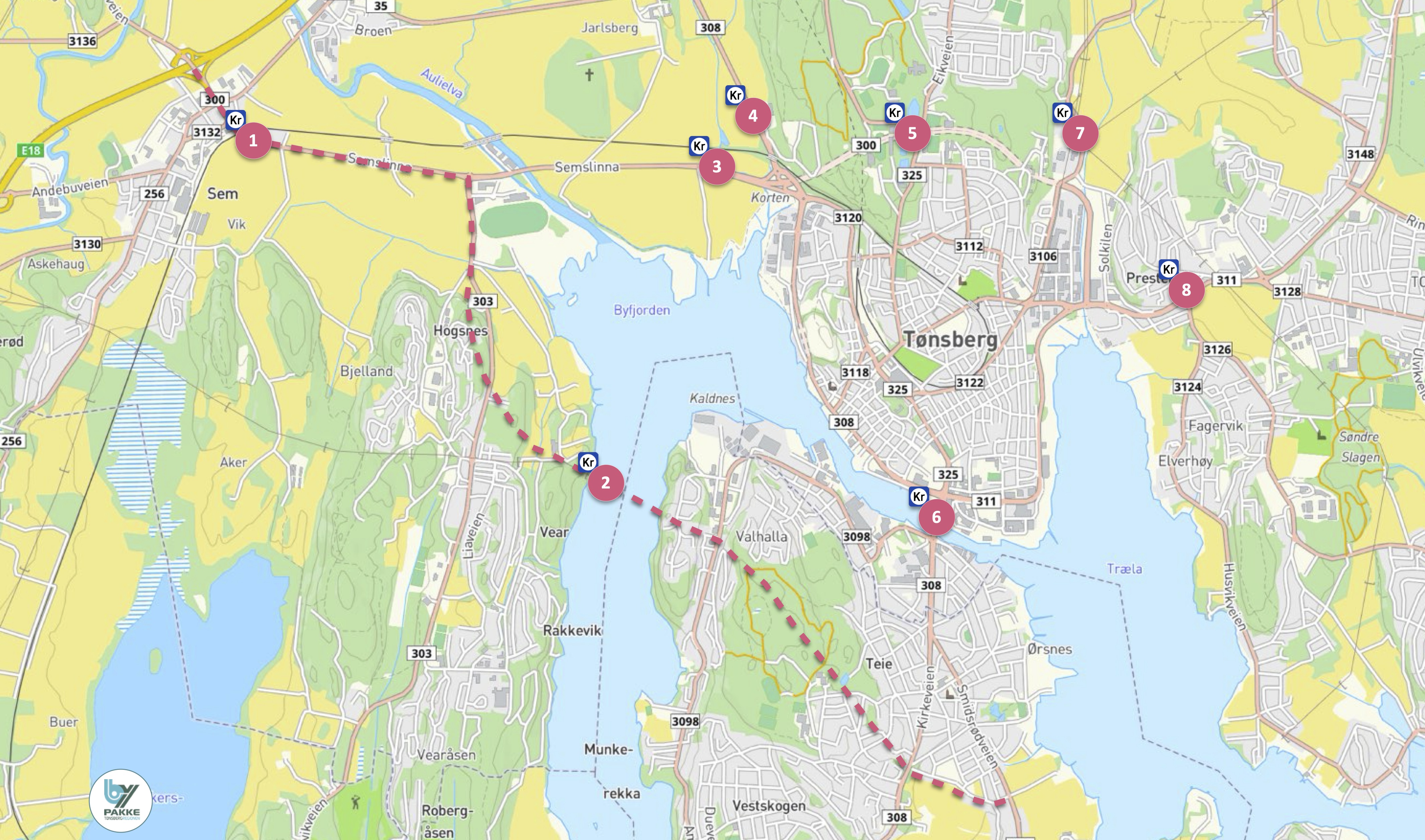 Illustrasjonskart med bomstasjonene i Bypakke Tønsberg-regionen
