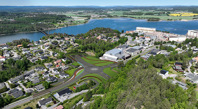 En illustrasjon satt sammen av dronebilder og grafikk av hvordan det kan bli med med ny rundkjøringer på Ramberg.