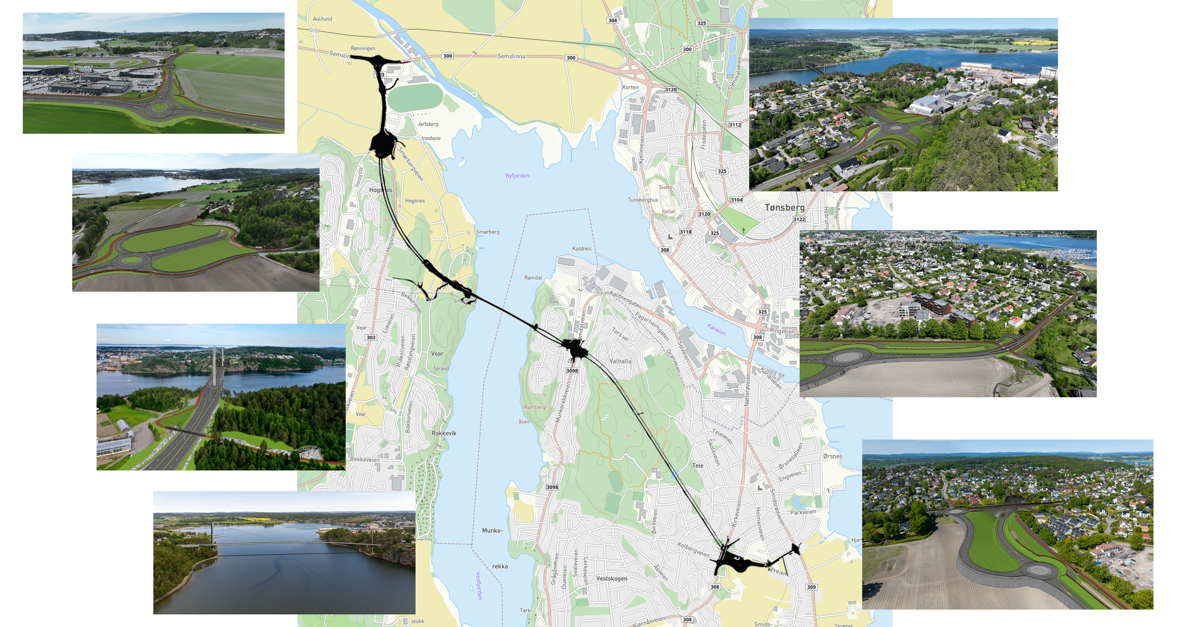 Montasje med kart av Bypakke Tønsberg-regionens mange anlegg i forbindelse med ny fastlandsforbindelse