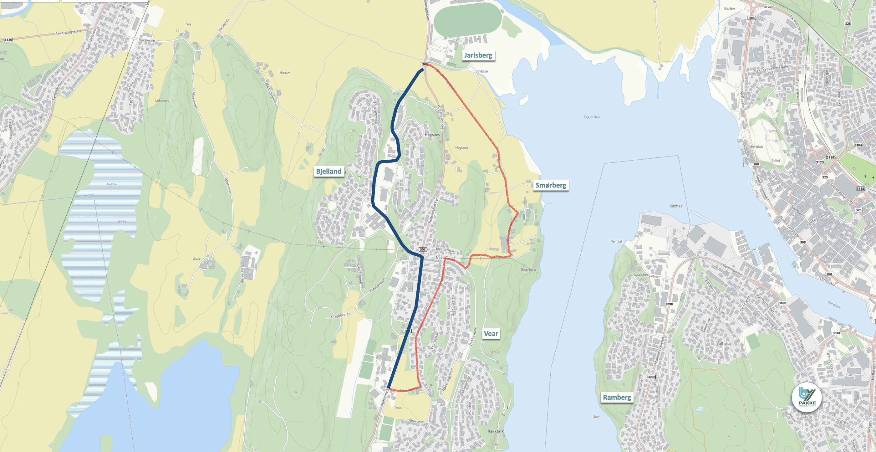 Kart med ny og gammel sykkelrute tegnet inn