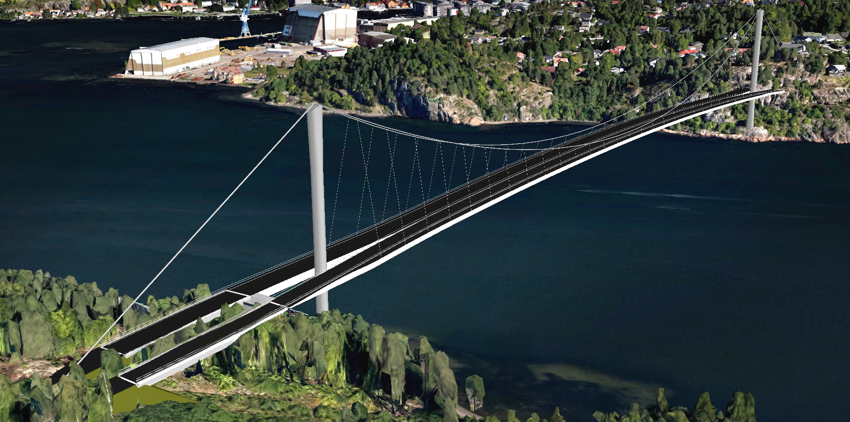 En illustrasjon av den planlagte brua sett fra Smørberg/Vear.